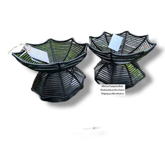 Elevated Wicker Rattan Spiderweb Bowls Halloween Boho Farmhouse Cottage - Picture 1 of 3